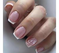 Fake Nails with French Tip and White Leaf Design for Women - 24PCS Short Square Press on Nails, Rainbow Gradient Fake for Daily and Special Use, Includes Accessory Tools, Easy Fashion Art Set, Square