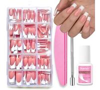 Fake Nails With Glue - 240pcs Long Press On Nails French Tip - 15 Size Nude Pink Coffin False Nails Kit - Full Cover Stick On Nails - Acrylic Nail Tips And Glue for French Manicure