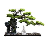 Fake Plants Artificial Welcoming Pine Bonsai Tree White Ceramic Buddha Statue and Deer Iron Chassis Rain Flower Stone Office Study Living Room Decoration Bonsai Tree