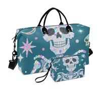 Fake Sequin Glitter Blue Skull Decorative Overnight Travel Duffel Bag Sports Tote Gym Bag with Toiletry Bag for Travel Waterproof Bolsa de Gym para Mujer