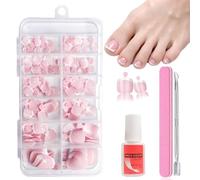 Fake Toe Nails Set - 120Pcs Square False Toenails Short with Glue - White French Tip Pink Press on Toes Nails - Glossy Full Cover Acrylic Stick on Toenails for Women Nail Art Manicure Decorations