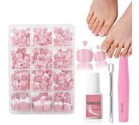 Fake Toe Nails Set - 240PCS Short Square False Toenails Kit With Glue - White French Tip Pink Glossy Full Cover Fake Toe Nails - 12Size Stick on Toenails Tip for Women Nail Art DIY