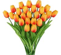 Fake Tulips 20 PCS, Tulips Artificial Flowers for Decoration, Graves, Wedding Bouquet, Outdoor, Living Room and Table Decorations, Faux Tulip That Look Real, Yellow Artificial Flowers (Sunset Red)