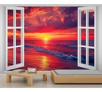 Fake Window 3D Coastal with Waves Wallpaper Sunset Seascape Wall Murals for Bedroom Natural Landscape Wallpaper for Living Room Fire Burning in The Sky Wall Paper Kids Room Mural 300X240cm