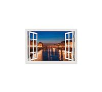 Fake Window Canvas Prints. Landscape Painting-Night View Of The Old Bridge In Florence Italy Pictures. Natural Print on Canvas. Scenery Artwork for Living Room Decor 80x135cm-31x53in Wrap Canvas