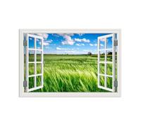 Fake Window Forest Canvas Art,Pictures of fields green grass countryside,Open Window Mural Print on Canvas.Green Landscape Picture Window Canvas Wall Art for Office 60x40cm(24x16in)Frameless