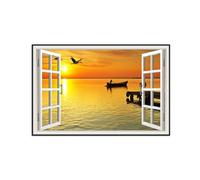 Fake Window Picture Landscape Canvas Wall Art Prints Sea Sunset Birds Nature Painting for Living Room Bedroom Decor 45x30cm Black Frame