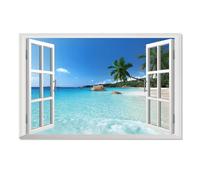 Fake Window Picture Ocean View, 3D View Window Poster Ocean Sea Sandbeach Wall Sticker Decals Mural PVC Art for Room Decor