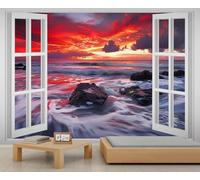 Fake Window Seaside Sunset View Wallpaper Red Glow Over The Sea Coastal Wall Mural Waves and Rocks Kids Wallpaper Natural Landscape Girls Bedroom Mural for Kids Bedroom Living Room 350X256cm