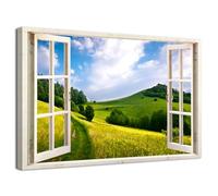 Fake Window View Green Mountain Canvas Prints Wall Art Forest Wilderness Landscape Pictures Print on Canvas Wall Decor for Bedroom Living Room Bathroom Office Home Decorations Ready to Hang - 60x90cm