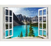 Fake Window Wall Decal Mountains Lake View Faux Window Sticker Mural Poster Picture Open Landscape Art Decor, Stick and Peel Natural Scenery Wall Decol Scene（48"x32",Set of 2 Sheets）