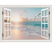Fake Window Wall Decal Summer Beach Seascape Faux Window Sticker Office Poster Picture Art Decor，Stick and Peel Natural Scenery Landscape Coastal Ocean Scene Mural 48"x32"Set of 2 Sheets