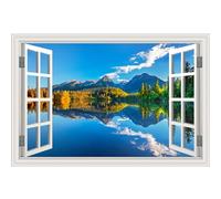 Fake Window Wall Decal- Summer Mountains Lake Forest Open Art Sticker | Faux Window Natural Scenery Landscape Mural ｜ Stick and Peel Wall Decals｜for Room Bedroom Office Scene Picture Decor｜24"x1