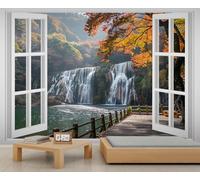 Fake Window Waterfall Mural Wallpaper Waterfall and Lake in The Jungle Faux Window Wallpapers Natural Landscape Boys Wallpaper Wooden Boardwalk in The Forest Kids Bedroom Living Room Mural 280X200cm