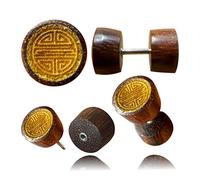 Fake Wood Plug Symbol Piercing Stainless Steel Tamarind Jackfruit Shou Om Vegvisir Symbols Buddhism Hinduism Viking Taoism Unisex Wooden Plugs Women Men Lobe Stretcher Expander Shou
