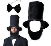FakeFace 3PCS Abe Lincoln Costume Deluxe Top Hat Necktie Beard Set for Halloween Cosplay Presidents Abe Historical Dress Up Costume