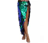 FakeFace Belly Dance Sequin Hip Scarf Shinny Glitter Triangle Wrap Skirts Side Strap Hip Waist Scarf Sparkly Belly Dance Rave Long Skirt (UK, Alpha, One Size, Regular, Regular, Blue Green)