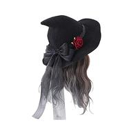 FakeFace Halloween Black Witch Hat with Rose and Bowknot Wide Brim Cosplay Wizard Caps Carnival Fancy Dress Up Lolita Hat Party Costume Accessory