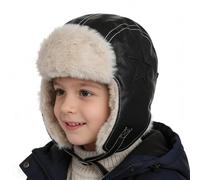FakeFace Kids Leather Trapper Hat Winter Thicken Russian Ushanka Outdoor Waterproof Winproof Warm Faux Fur Snow Cap with Earflaps for Skiing Cycling (Black)