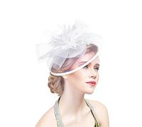 FakeFace Lady Elegant Flower Feather Mesh Net Fascinator Hat Veil with Headband Clip Bridal Feather Hair Clip Accessories for Cocktail Tea Racing Party Church Hat White