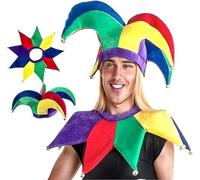 FakeFace Multicolor Jester Hat Collar Costume Set Velvet Clown Joker Accessory Kit with Bell for Masquerade Cosplay Mardi Gras Accessory