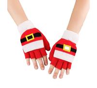 FakeFace Winter Fingerless Gloves for Women Men Christmas Reindeer Snowman Warm Knitted Flip Top Convertible Mittens (Red White Santa Claus Belt)