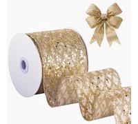 FAKILO Champagne Wired Mesh Ribbon, 10cm x 10 Yards Glitter Mesh Ribbons Suitable for Wreath Decoration, Christmas Tree Decoration, Christmas Tableware and Tablecloth Decoration