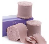 FAKILO Chiffon Ribbon with Frayed Edge, Dusty Pink Silk Ribbon 3 Rolls 1.5'' x 7 Yd for Wedding Invitations, Bridal Bouquets, Gifts Wrapping, DIY Crafts