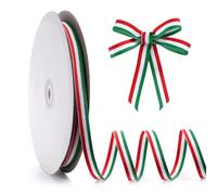 FAKILO Green White Red Striped Grosgrain Ribbon, 3/8" x 50yds Double-Sided Striped Ribbon, Cheerleading Decorations, National Day, Christmas Decorations, Home Decoration