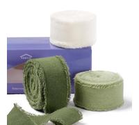 FAKILO Natural Rustic Cotton Ribbon with Frayed Edge,100% Cotton Ribbon 2.5cm x 16m for Vintage Wedding Bouquets,Invitations,Baby Shower,Gift Wrapping,DIY Crafts (Dark Green/Sage Green/Ivory)