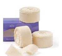 FAKILO Natural Rustic Cotton Ribbon with Frayed Edge,100% Cotton Ribbon Champagne 2.5cm x 16m for Vintage Wedding Bouquets,Invitations,Baby Shower,Gift Wrapping,DIY Crafts,Home Decor