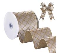 FAKILO Wired Velvet Ribbon 2-1/2 inch, Champagne Glitter Diamond Grid and Metallic Velvet Wire Ribbon for Wreath, Christmas Tree, Gift Wrapping, Large Bows, Festival Decor - Continuous 10 Yards/Roll