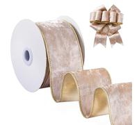 FAKILO Wired Velvet Ribbon 2-1/2 inch, Champagne Metallic Velvet Wire Ribbon for Wreath, Christmas Tree, Gift Wrapping, Large Bows, Garland, Festival Decor - Continuous 10 Yards/Roll