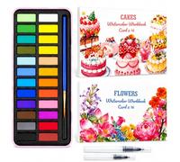 Fakindiy 2-Pack Watercolour Workbooks for Adults, Cake and Floral Water Colouring Books with 24-Colour Paint Set, Brush and 2 Water Pens, Tear-Out Painting Books, Relaxing Art Gift for Beginners