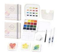 Fakindiy Mini Watercolour Paint Kit - Travel Watercolour Set, Pocket Water Colour Palette with 16 Colours, 2 Mini Sketchbook, Brushes and Clip, Portable Painting Set Gift for Beginners, Artists