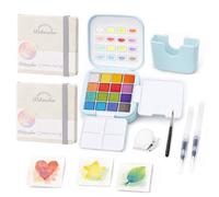 Fakindiy Mini Watercolour Paint Kit - Travel Watercolour Set, Pocket Water Colour Palette with 16 Colours, 2 Mini Sketchbook, Brushes and Clip, Portable Painting Set Gift for Beginners, Artists