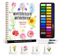 Fakindiy Watercolour Workbook for Adults, 14 Floral Water Colouring Book for Women with 24-Colour Paint Set, Brushes and Water Pens, Spiral-Bound Flower Painting Book, Relaxing Art Gift for Beginners