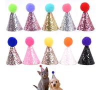 Falafoty 10Pcs Mini Party Hats for Stuffed Animals, Glitter Dog Birthday Hat Puppy Cat Adjustable Headband, Multi-Color Pet Cap for Holiday Wedding Puppy Kitten Pet Party Grooming Costume Accessories