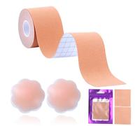 Falafoty Boob Tape with 2 Silicone Nipple Covers, Boobytape for Breast Lift, Self-Adhesive Strapless Invisible Booby Tape, Adhesive Sticky Athletic Tape for Push up & Shape for A-G Cup Beige