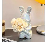 Falafoty Ceramic Bunny Statue Ornament Holding Flower, Cute Easter Bunny Figurine, Rabbit Vase with Faux Flowers, Easter Rabbit Decoration Statue for Home Decor Shelf, Desk & Mantel Charm, Wedding