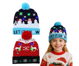 Falafoty Christmas LED Light Up Hat, Novelty Xmas Beanie Knitted Hat, Unisex Winter Snow Hat's New Year Reindeer Snowmen Party Headhat for Kids Adults Xmas Party Winter Celebration Gift