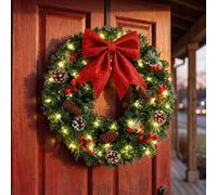 Falafoty Christmas Wreath with 30 LED Lights, 40cm Pre-Lit Artificial Xmas Wreath with Red Bow Pine Cones Red Berries, Front Door Christmas Wreath for Window Fireplace Wall Home Xmas Party Decoration