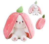 Falafoty Easter Bunny Plush Toy, 25CM Reversible Rabbit Strawberry Carrot Plushie Doll with Zipper, Cute Bunny Carrot Strawberry Pillow, Stuffed Animal Rabbit Muppet Toys Gift for Kids Adults (Pink)