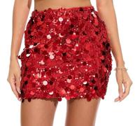 Falafoty Sequin Skirt for Women Stretchy Bodycon Mini Glitter Short Skirt Hip Wrap High Waist Half Dress for Summer Party Club Night Dinner Date Casual Dress (UK, Alpha, M, Regular, Regular, Red)