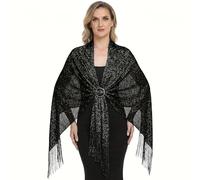 Falafoty Sparkling Metallic Shawls and Wraps with Buckle, Shiny Women's Evening Shawls and Wraps for Dresses Accessories, Wedding Party, Bridesmaid, Elegant Tassel Shawl Scarf Fashion Item (Black)