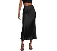 Falafoty Women's Satin Long Skirt, High Waist Silk Solid Color Skirts Long Formal A-Line Elegant Skirt Silky Flowy Skirts for Date Dinner Party Cocktail Party and Casual Daily Dress Up (L, Black)