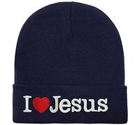 Falari I Love Jesus Beanie Hat Ski Cap All Seasons Embroidered Solid Color, Navy, One Size