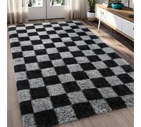 FALARK 4x6 Fluffy Black and Grey Checkered Area Rug | Non-Slip, Machine Washable, Indoor Modern Fluffy Shaggy Carpet for Bedroom Living Room Boys Playroom College Dorm Decor