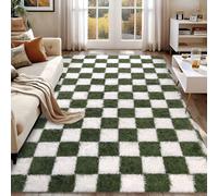 FALARK Rugs for Living Room Bedroom, 5x7 ft Dark Green and White Checkered Area Rug, Fluffy Soft Washable Carpet, Modern Non-Slip Shag Carpets for Boys Girls Nursery Home Aesthetic Decor Room