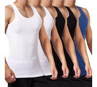 FALARY Mens Vest Tops Pack of 5 Tank Tops Fitted 100% Cotton Basic Plain Color Underwear and Colours Black White Navy S
